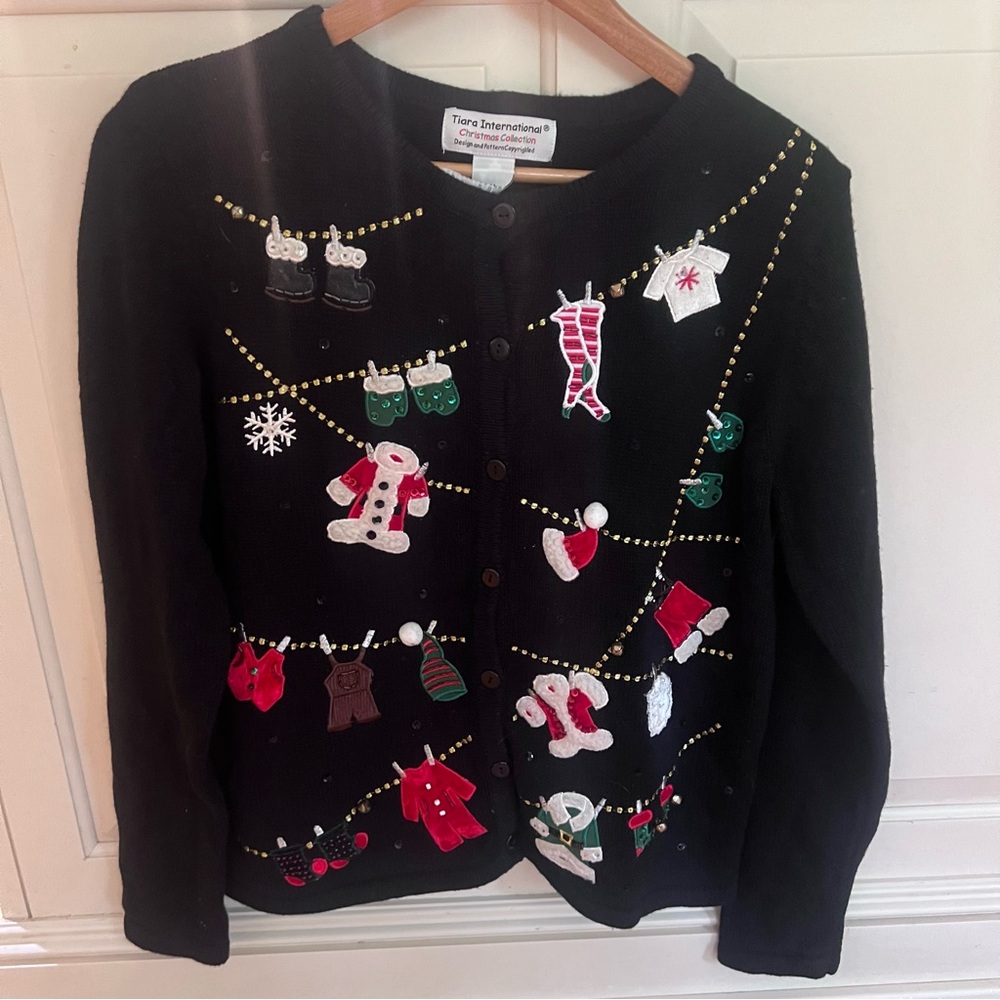 Tiara International medium Black Christmas sweater Cardigan. Santa mittens bells